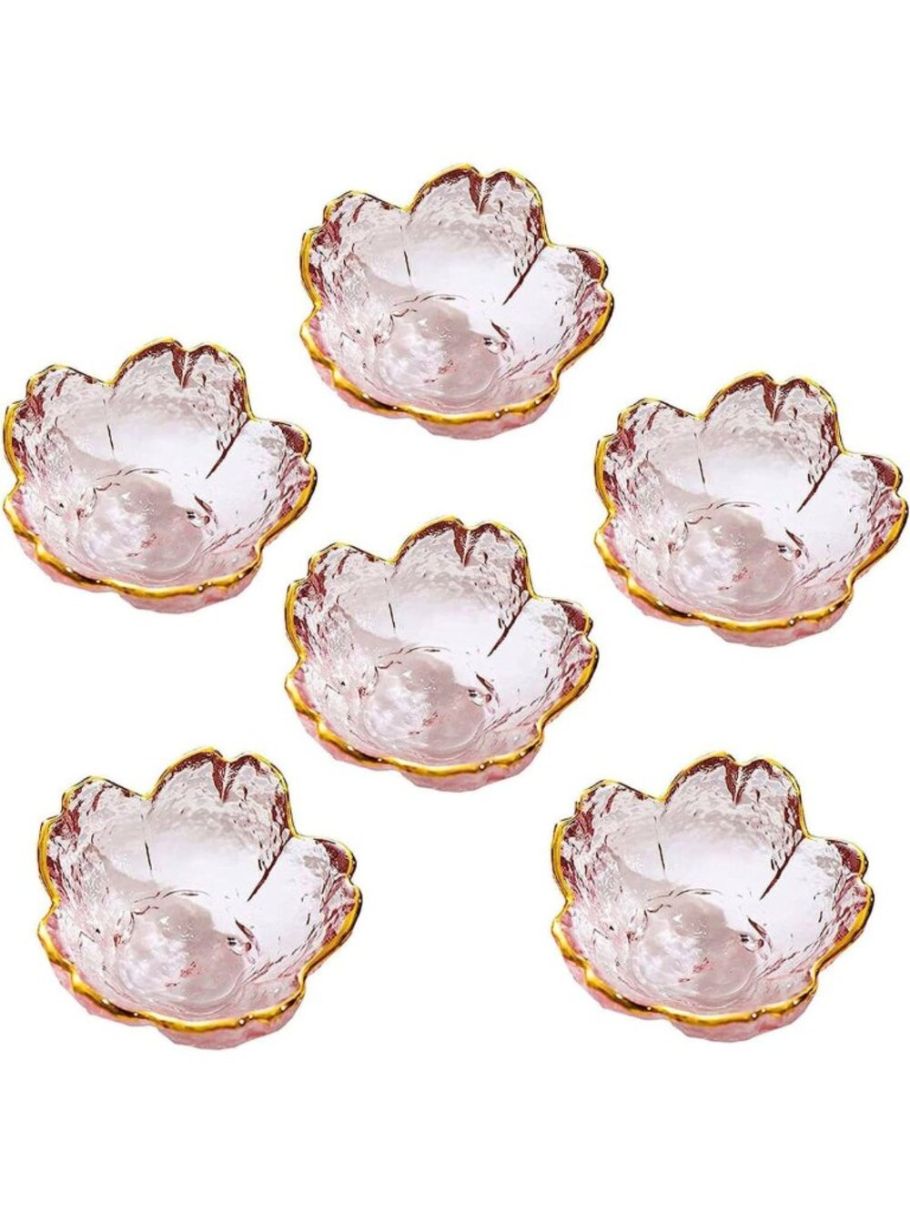 Elegant Pink Cherry Flower Glass Bowls with Gold Rim - Set of 6 Mini Dipping